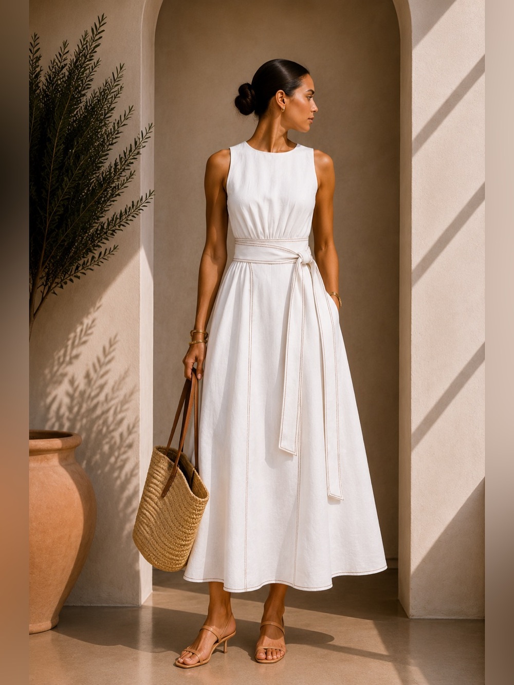 Commense Cream Sleeveless Tie-Waist Maxi Dress with Sash